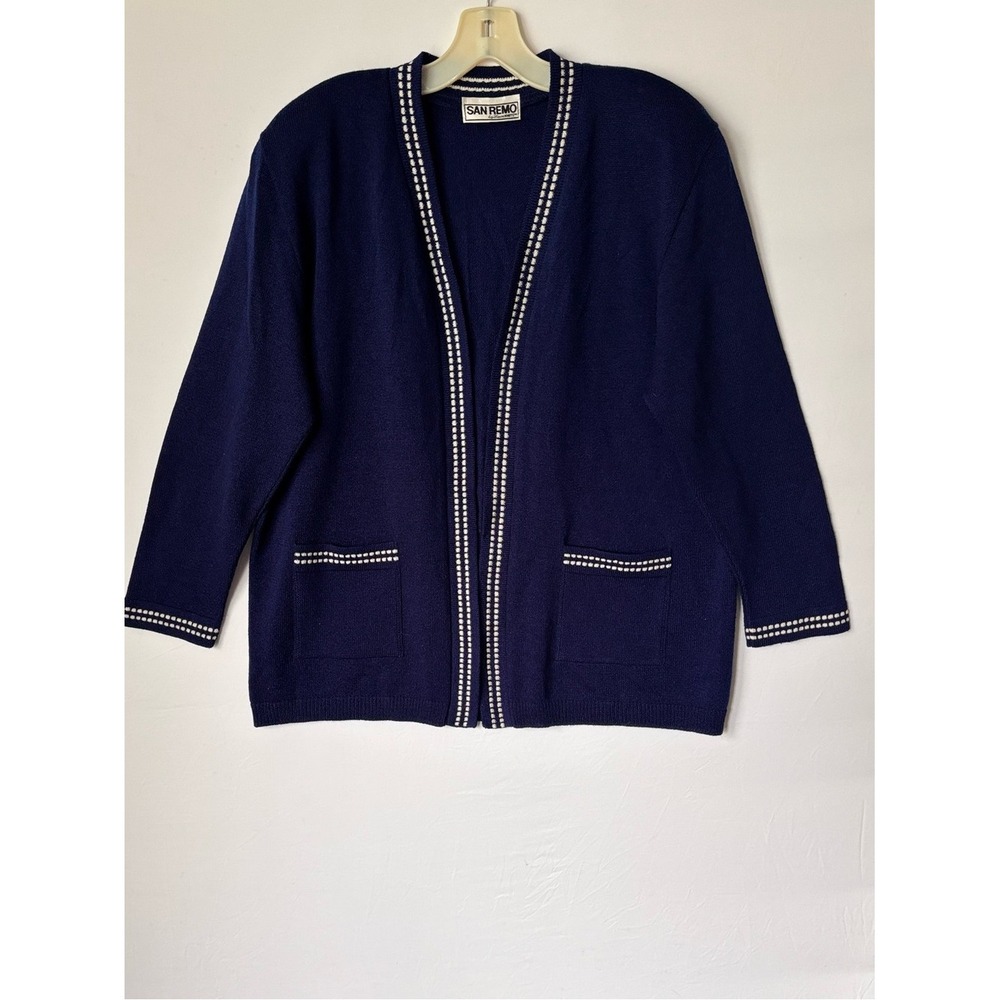 San Remo by Laura Knits Navy Blue Contrast Trim Open Front Cardigan XL Vintage